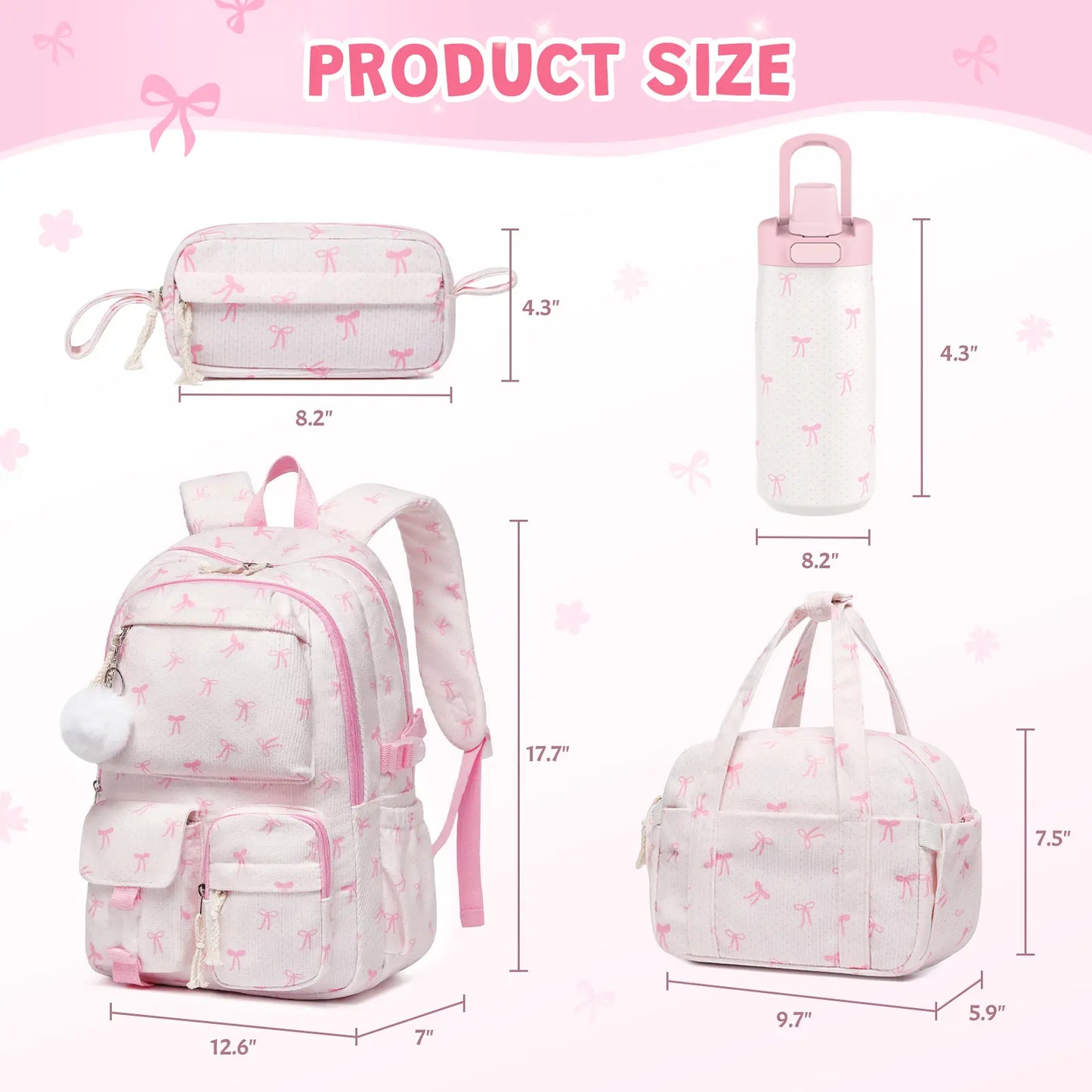 Similove Corduroy Floral Backpack for Girls, 3-Pocket Kawaii 3/4PCS Toddler Bookbag with Lunch Bag&Pencil Case&Water Bottle, Lightweight Casual Daypack for Preschool Travel