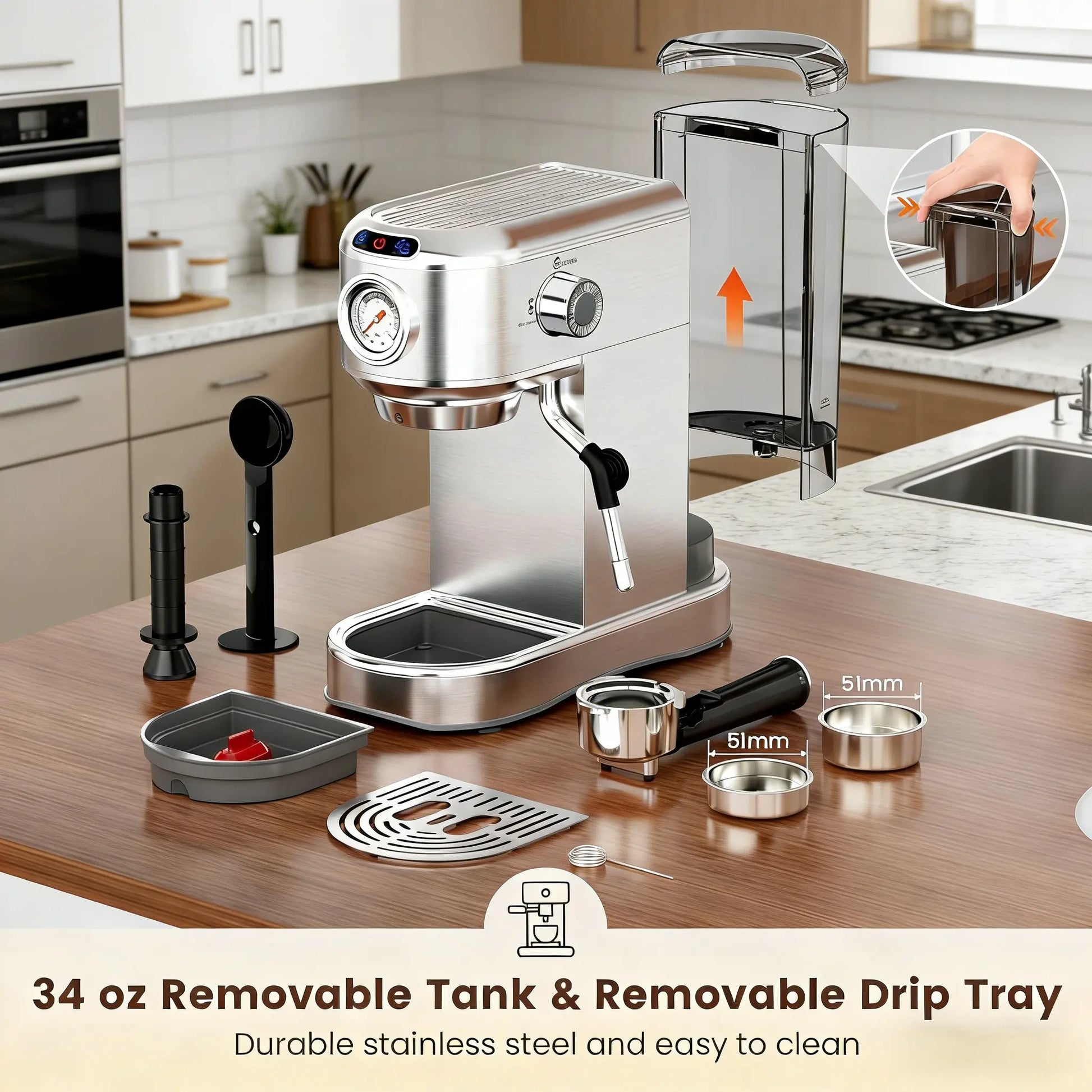 20 Bar Espresso Machine for Home, Semi-Automatic Coffee Maker with Milk Frother Steam Wand, 1450W Motor, 34Oz Water Tank for Latte, Cappuccino, Iced Coffee & Summervibes
