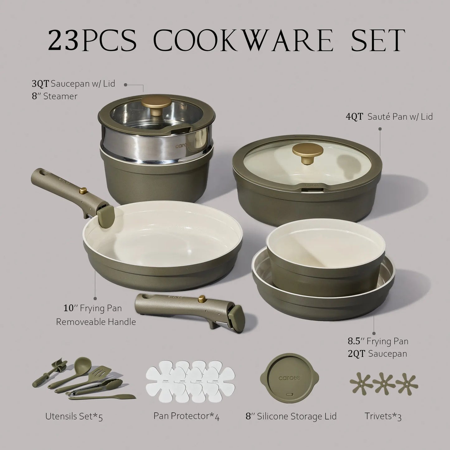 [Official]Carote 23Pcs Olive Green Ceramic Cookware Set with Detachable Handles, Pots and Pans Set Non Stick, RV Kitchen Cooking Pot and Pan