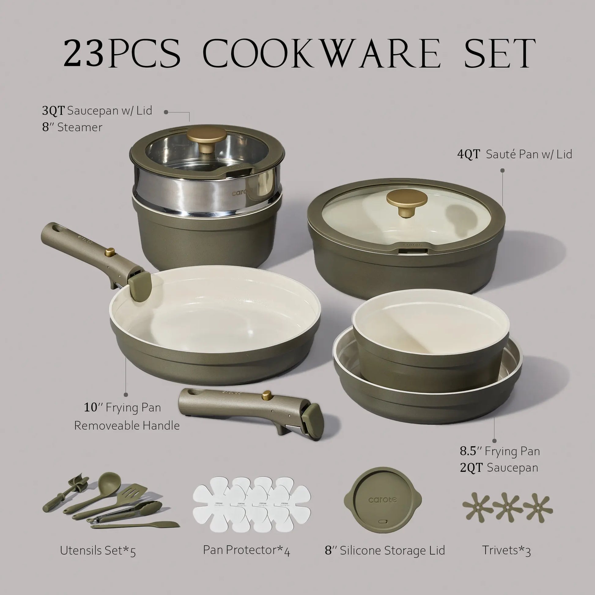 [Official]Carote 23Pcs Olive Green Ceramic Cookware Set with Detachable Handles, Pots and Pans Set Non Stick, RV Kitchen Cooking Pot and Pan
