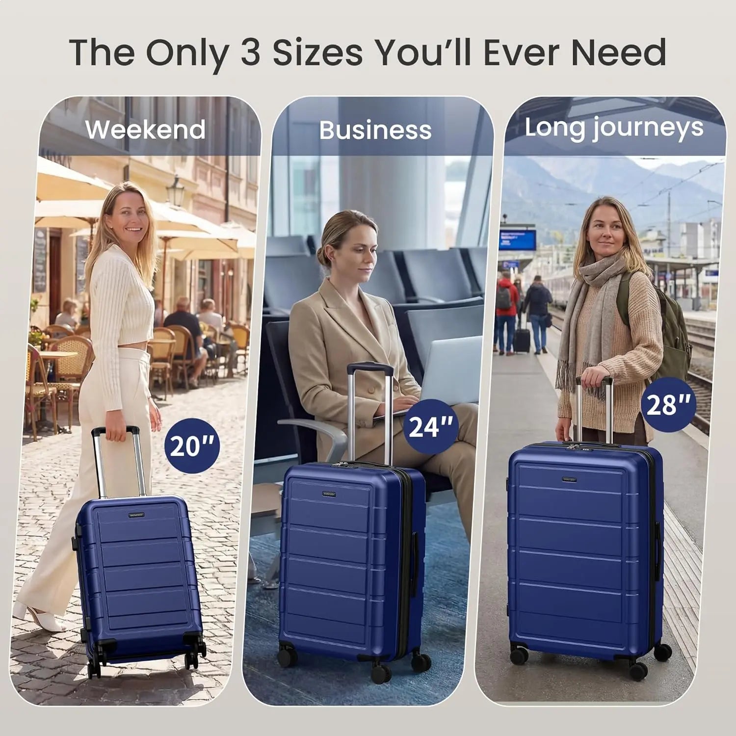 SHOWKOO 3-Piece Luggage Sets (20/24/28In), Deep Blue Full PC Durable Expandable Hardshell, 4-Wheel High-Capacity Tsa-Proof Anti-Theft Carry on & Checked Luggage, Gift for Travel/Business, Tsa-Proof Luggage Sets