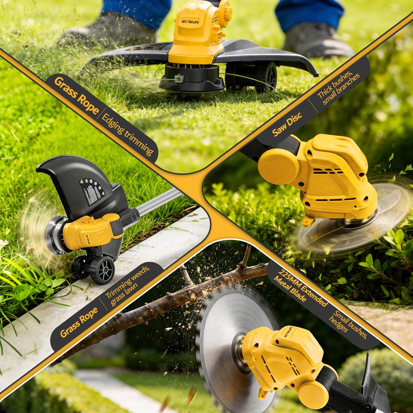 GEVEELIFE Bruchless Electric Weed Wacker String Trimmer,21V Cordless Weed Eater and Edger, 15'' Cutting Width with 2*5.0Ah Batteries Powered Brush Cutter, 4 in 1 Lawn Mower , Eco Friendly Grass Cutter,