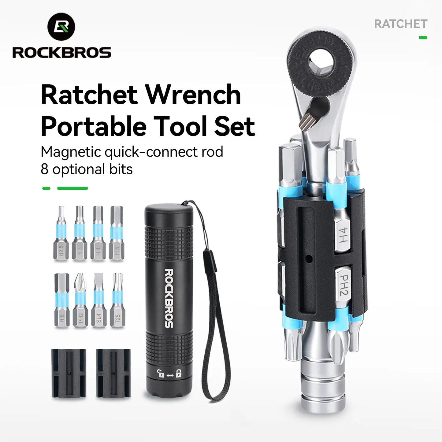 ROCKBROS S2 Alloy 1/4" Drive Ratchet Handle 72-Tooth Compact Bike Repair Kit with 8 Bits