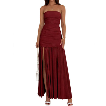 Wenrine Women'S Summer Tube Top Dress Strapless Mesh Sexy Ruched Patchwork High Slit Long Cocktail Party Maxi Dresses