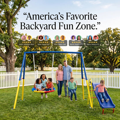 Unisex 3-In-1 Heavy-Duty Metal Playground Equipment Combo - Backyard A-Frame Stand, Toddler Outdoor Slide, 32" Saucer Swing Seat, PE Kids Sports Play Gear, Toddler Slide Outdoor