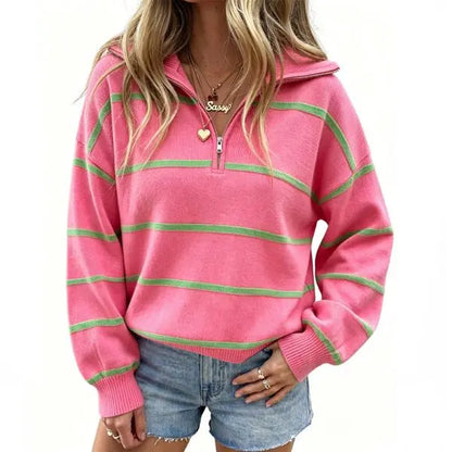 Fisoew Women'S Color Block Striped Quarter Zip Sweater, Lapel Collar Drop Shoulder Long Sleeve Oversized Pullover Knit Top