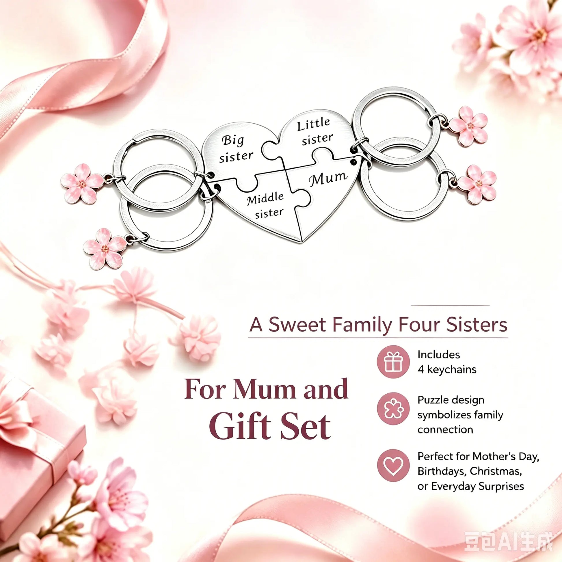 Mother Daughter Keychain for 4 – Mom & Three Sisters (Big, Middle, Little) – Thoughtful Gift for Mother’S Day, Birthday, or Any Occasion