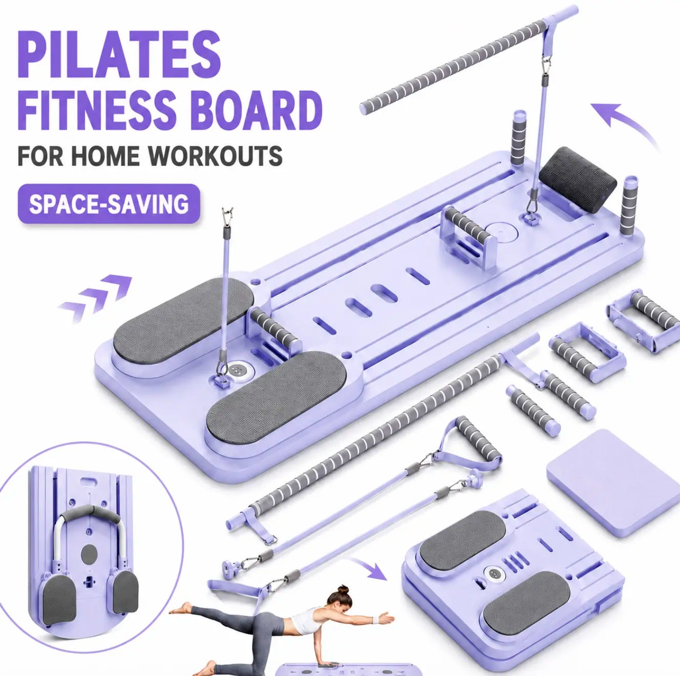 INTERGREAT Foldable Pilates Board, Multifunctional Pilates System for Home Gym, Ab Core Trainer with Resistance Bands, Balance Board Workout Equipment for Abs Arms Legs, Purple&Pink Fitness Gear
