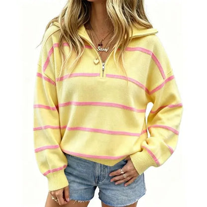 Fisoew Women'S Color Block Striped Quarter Zip Sweater, Lapel Collar Drop Shoulder Long Sleeve Oversized Pullover Knit Top