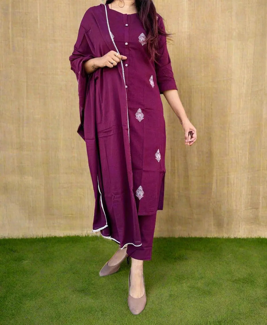 Maroon Indian Women 3Pcs Cotton Dress Suit Womenswear Aesthetic Asian Clothes Long Sleeve