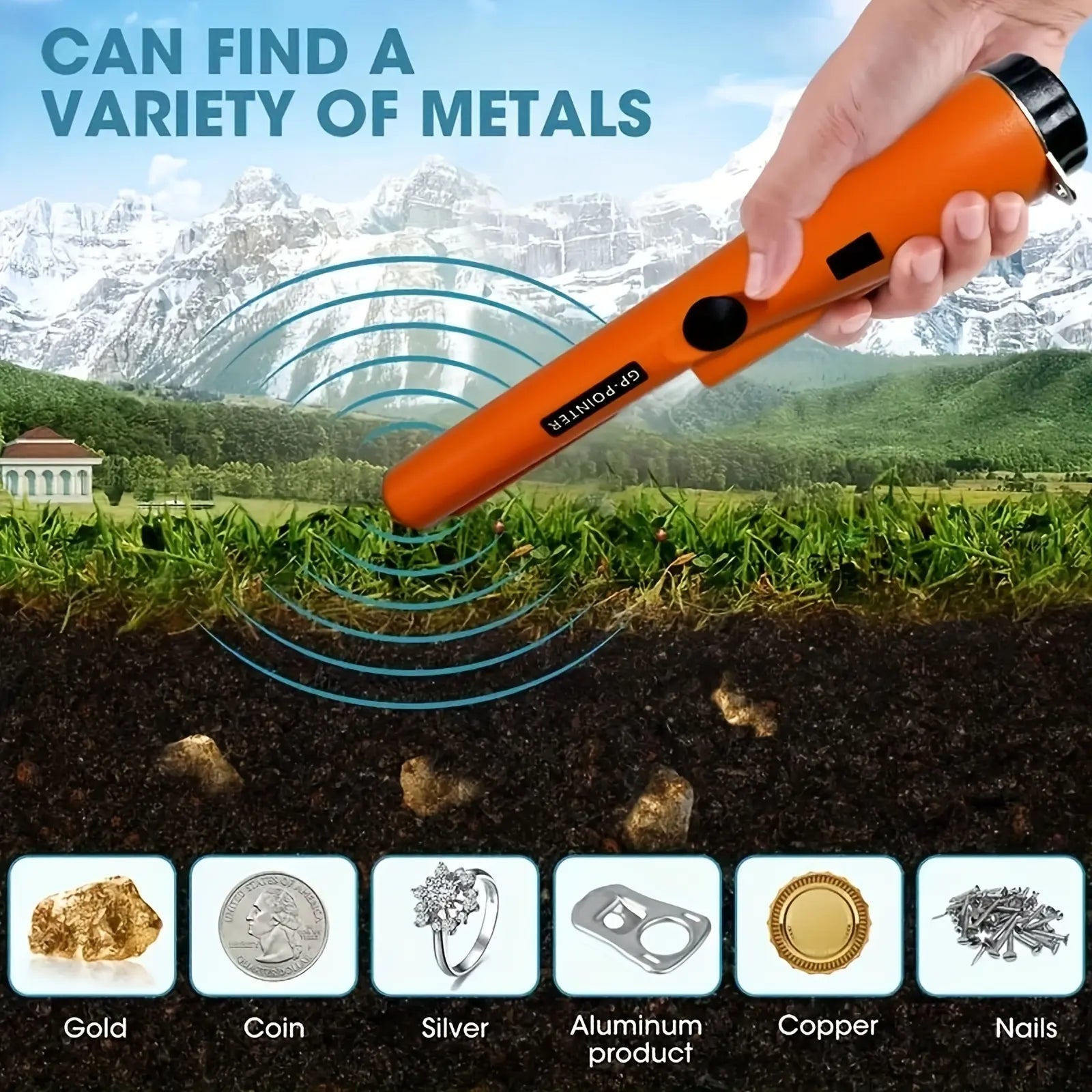 Handheld Metal Detector Pinpointer - with Buzzer/Vibration Alerts - for Golden, Silver, Relics - Features 360° Detection 128 - Durable Plastic Body - Metallic Finish - Battery-Powered (Excl.) - Ergonomic Design for Efficient Treasure Hunting