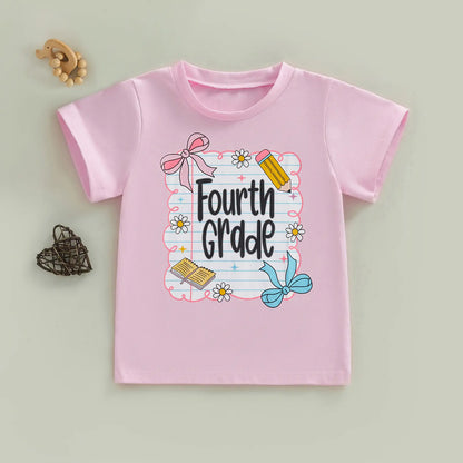 Toddler Baby Little Girl Back to School T Shirts Short Sleeve Grade Print Casual Summer Tops 4-11 Years