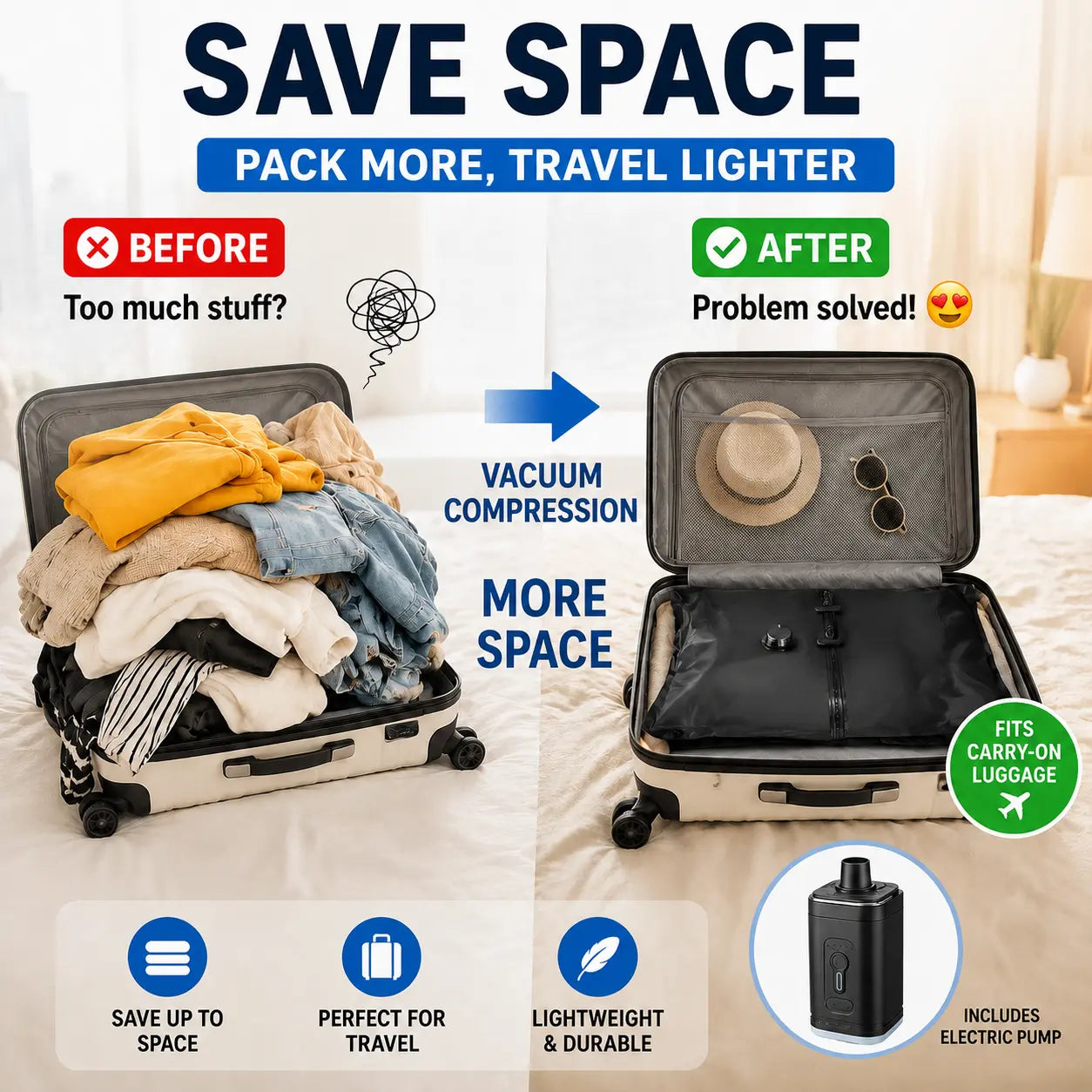 Travel Vacuum Storage Bag Lightweight Pouch with Portable Electric Pump, Space Saver Compression Bag for Clothes, Suitcase Organizer for Vacation Packing Graduation Gift