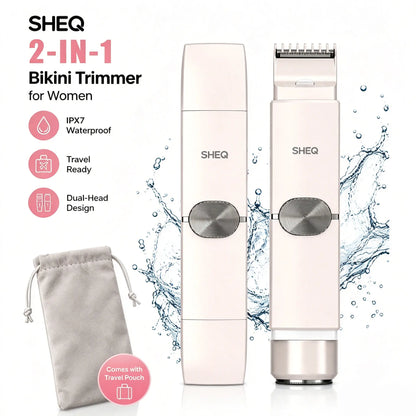 Portable Electric Bikini Trimmer for Women, Rechargeable 2-In-1 Electric Shaver with Dual Heads, IPX7 Waterproof Body Grooming Tool for Pubic Hair, Underarms, Face & Legs, Travel Essential with Storage Pouch
