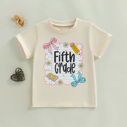 Toddler Baby Little Girl Back to School T Shirts Short Sleeve Grade Print Casual Summer Tops 4-11 Years