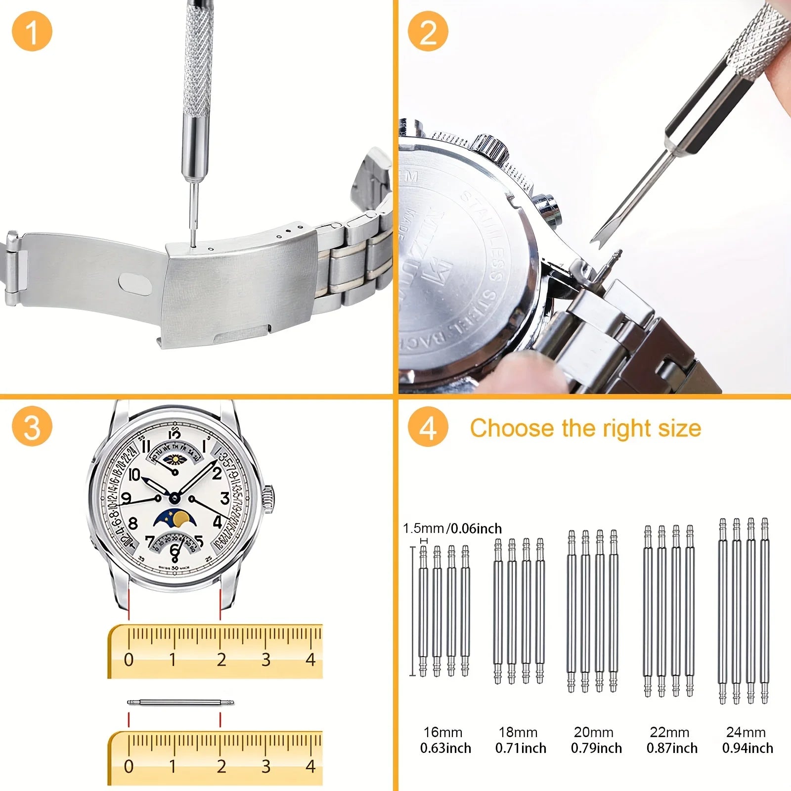 Watch Link Removal Kit, Watch Band Adjustment Strap Pin Removal Tool Kit, Watch Chain Sizing Tool , Spring Bar Tool, Hammer