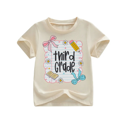 Toddler Baby Little Girl Back to School T Shirts Short Sleeve Grade Print Casual Summer Tops 4-11 Years