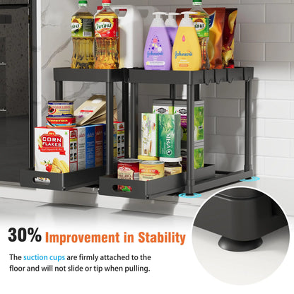 2Pcs under Sink Organizer - Multi-Purpose, 2 Tier Sliding Cabinet Basket, Metal Pipe, 8 Hooks for Kitchen and Bathoom under Sink Organizers and Storage