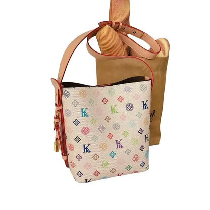 Women'S 2026 New Arrival Premium-Quality Vintage Printed Beige Bucket Bag, Crossbody & Shoulder Tote