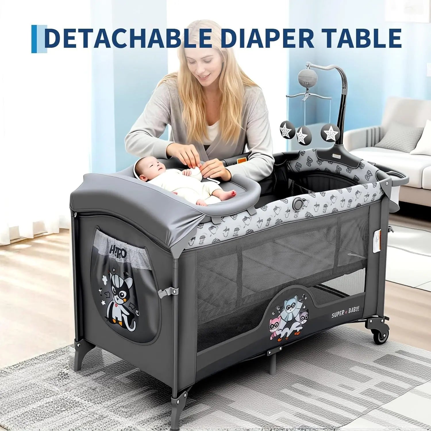 GAOMON 4 in 1 Pack and Play Baby Bassinet Bedside Crib Sleeper for Newborn to Toddlers, Portable Crib with Changing Table, Zip Door, Locking Wheels, Bottom Storage & Toy Bar