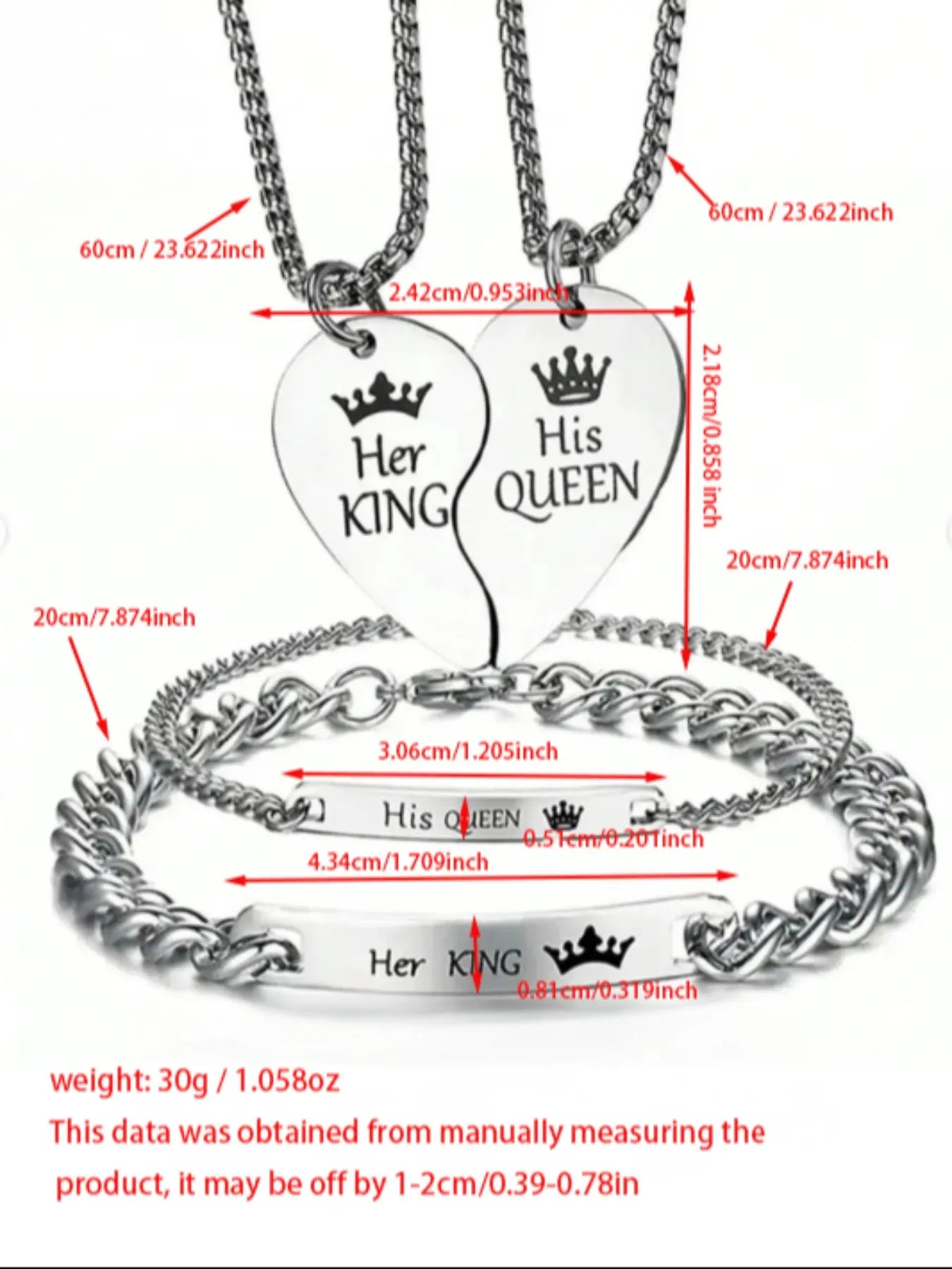 His Queen Her King Couple Necklace Bracelet Set, Couples Jewelry, Jewelry Sets, Unique Design, Durable Stainless Steel Romantic Gift, Perfect for Boyfriend Girlfriend, Valentine'S Day Christmas, Matching Necklaces, All Season Wear