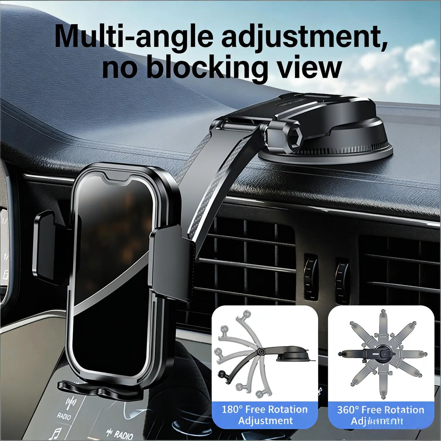 Black Tech Vacuum Car Phone Holder Cell Phone Mount for Dashboard Windshield Vent Wall Truck Cradle Stand for Iphone 17 Pro Max 16 15 14 13 Android with 999X Vacuum Suction