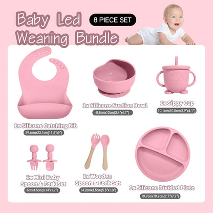 Baby Led Weaning Supplies, 8 Piece Bpa-Free Silicone Feeding Set, Silicone Suction Bowl, Forks & Spoons, Bib & Cup, Develops Self Feeding Skills, Dishwasher Safe, 6+ Months (Pink) Dinnerware
