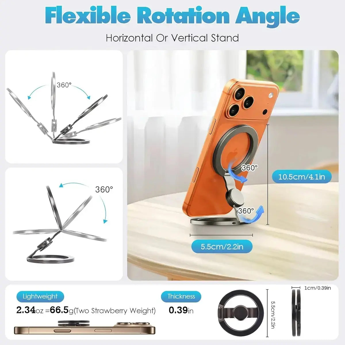Nexmart Aluminum Magnetic Phone Grip Stand – 360° Foldable Desktop Holder, Fidget Stress Reliever, Universal for All Smartphones (Metal Ring Adapter Included)