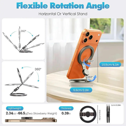 Nexmart Aluminum Magnetic Phone Grip Stand – 360° Foldable Desktop Holder, Fidget Stress Reliever, Universal for All Smartphones (Metal Ring Adapter Included)