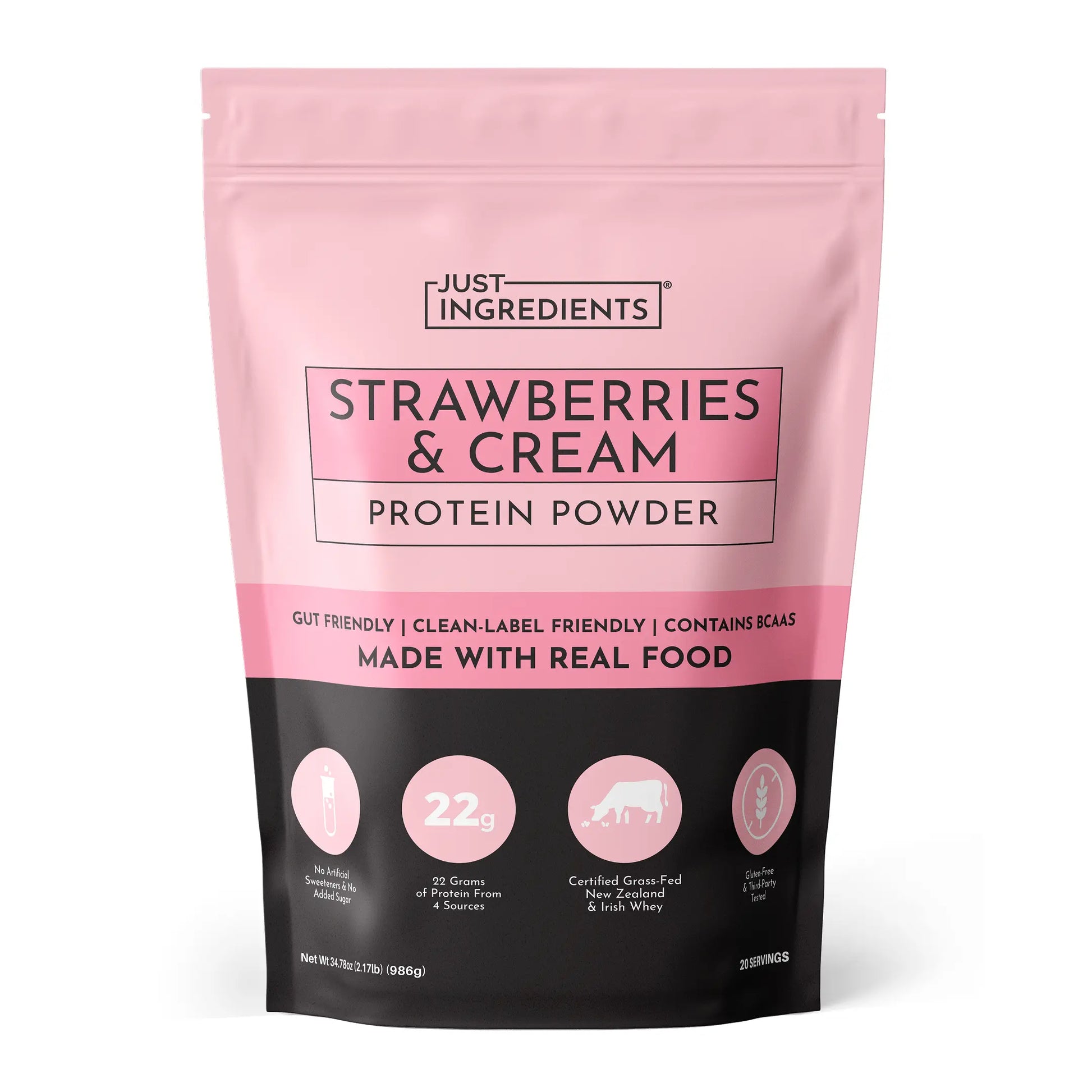Just Ingredients Strawberries & Cream Protein Powder - 20 Serving Blend with 100% Grass-Fed Whey & Organic Plant Proteins – Real Strawberry Flavor – Supports Muscle Recovery, Energy*