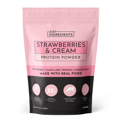 Just Ingredients Strawberries & Cream Protein Powder - 20 Serving Blend with 100% Grass-Fed Whey & Organic Plant Proteins – Real Strawberry Flavor – Supports Muscle Recovery, Energy*