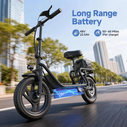 48V Dual Battery Foldable Electric Scooter with Seat, Rear Storage Box, 750W Peak Power, 22MPH Fast Speed, 21-27 Mi Range, 14" Anti-Slip Inflatable Tires, Dual Brake System, 51Lbs Lightweight, 265Lbs Max Load, Waterproof LED Headlamp