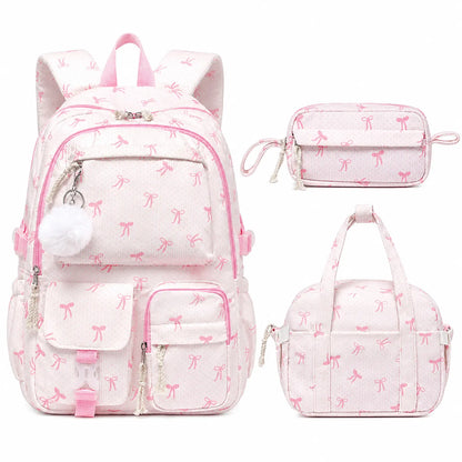 Similove Corduroy Floral Backpack for Girls, 3-Pocket Kawaii 3/4PCS Toddler Bookbag with Lunch Bag&Pencil Case&Water Bottle, Lightweight Casual Daypack for Preschool Travel