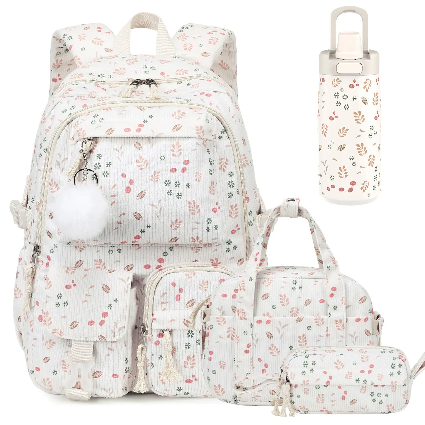 Similove Corduroy Floral Backpack for Girls, 3-Pocket Kawaii 3/4PCS Toddler Bookbag with Lunch Bag&Pencil Case&Water Bottle, Lightweight Casual Daypack for Preschool Travel