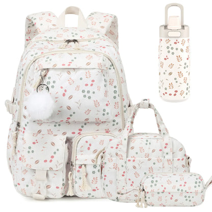 Similove Corduroy Floral Backpack for Girls, 3-Pocket Kawaii 3/4PCS Toddler Bookbag with Lunch Bag&Pencil Case&Water Bottle, Lightweight Casual Daypack for Preschool Travel