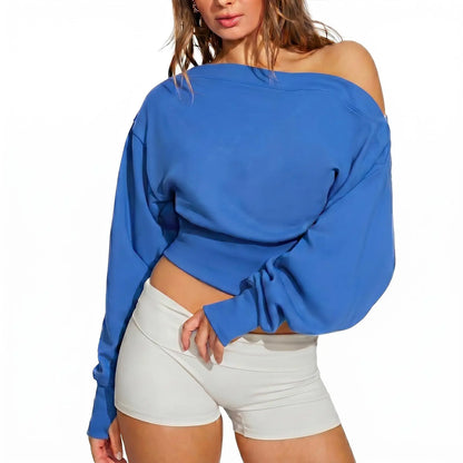 Fisoew Women'S Autumn/Winter Solid Color Casual Y2K Basic Off-Shoulder Sweatshirt — Elastic Street Style Top for Daily Wear & Back-To-School Streetwear