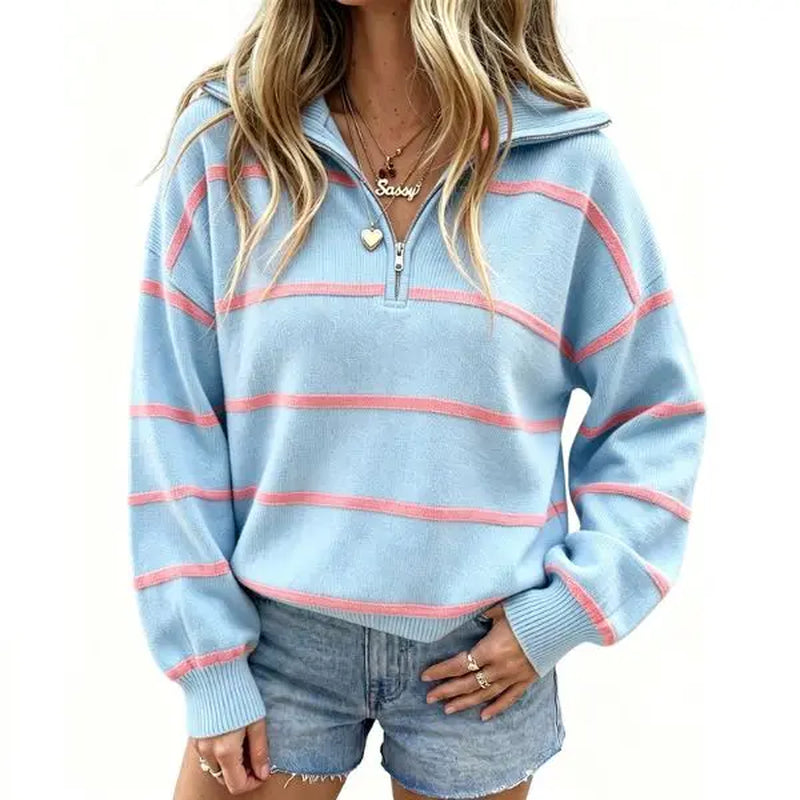 Fisoew Women'S Color Block Striped Quarter Zip Sweater, Lapel Collar Drop Shoulder Long Sleeve Oversized Pullover Knit Top