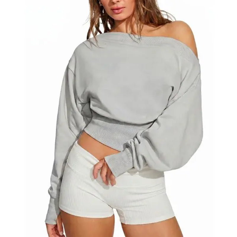Fisoew Women'S Autumn/Winter Solid Color Casual Y2K Basic Off-Shoulder Sweatshirt — Elastic Street Style Top for Daily Wear & Back-To-School Streetwear