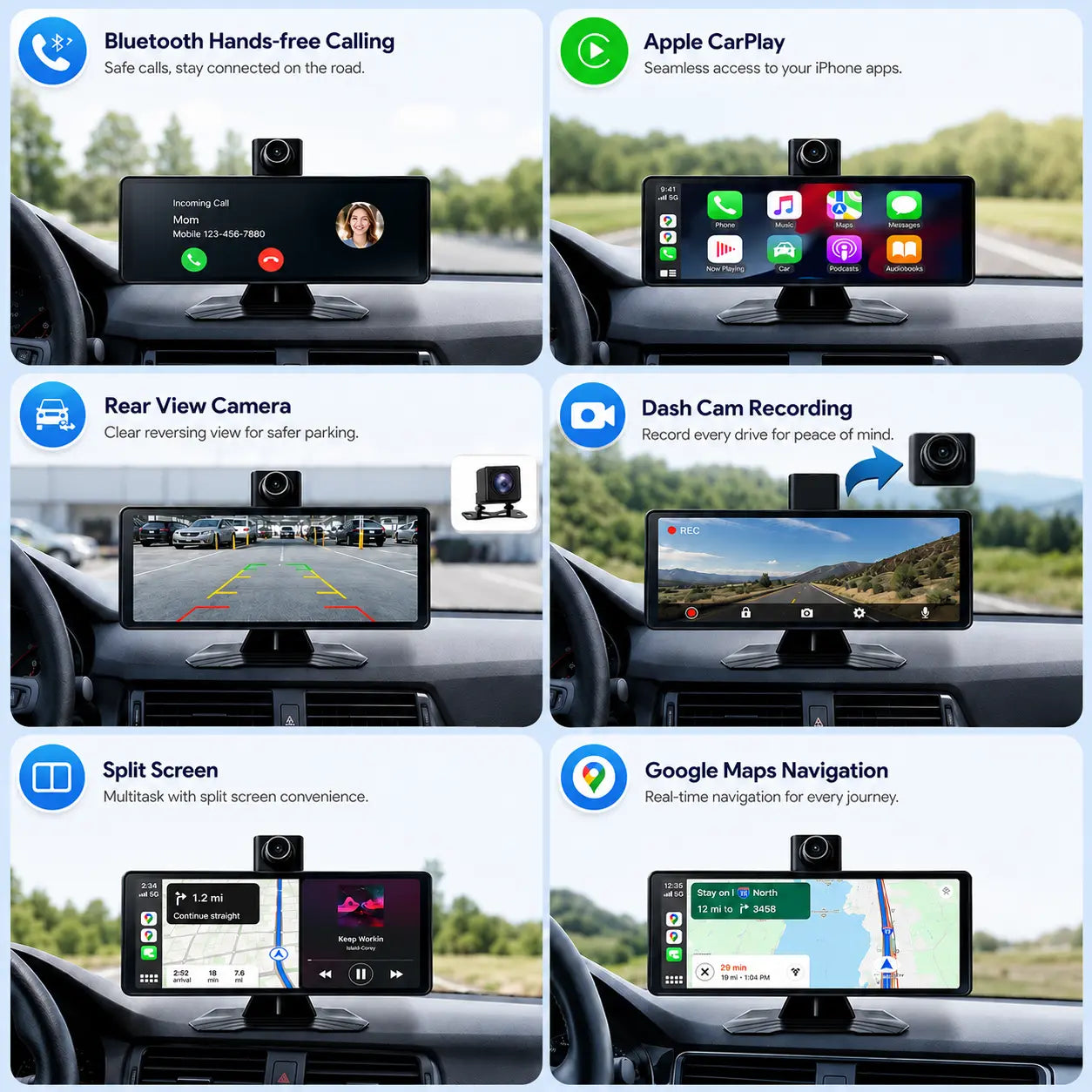 10.26 Inch Full HD Car Touch Screen, Wireless Carplay & Android Auto, Smart Voice Control, Built-In Dash Cam, Auto Pop-Up Rear View Camera, Universal for All Vehicles