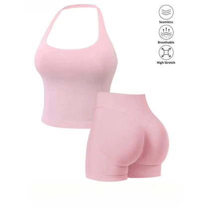 Seamless 2 Piece Workout Athleisure Sets for Women, Halter Built-In Bra Tank Top & Scrunch Booty Shorts, Breathable Quick Dry Activewear for Yoga Gym Running Summer Free Shipping
