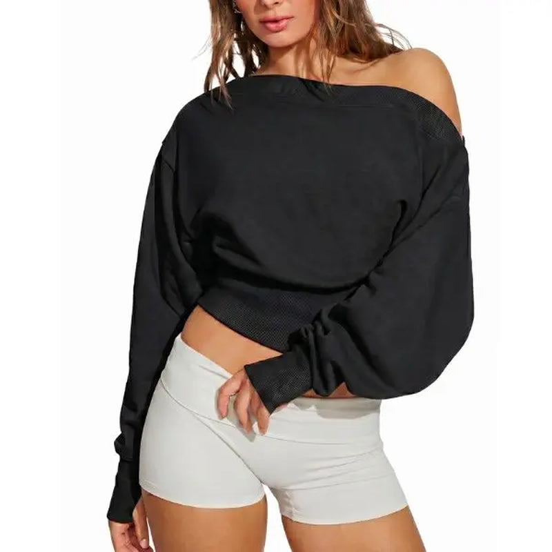 Fisoew Women'S Autumn/Winter Solid Color Casual Y2K Basic Off-Shoulder Sweatshirt — Elastic Street Style Top for Daily Wear & Back-To-School Streetwear