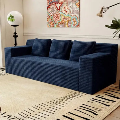 71-Inch 3-Seat Boneless Sofa, Corduroy Foam Couch with 3 Throw Pillows, Straight Arms, Side Pockets, No Assembly Required
