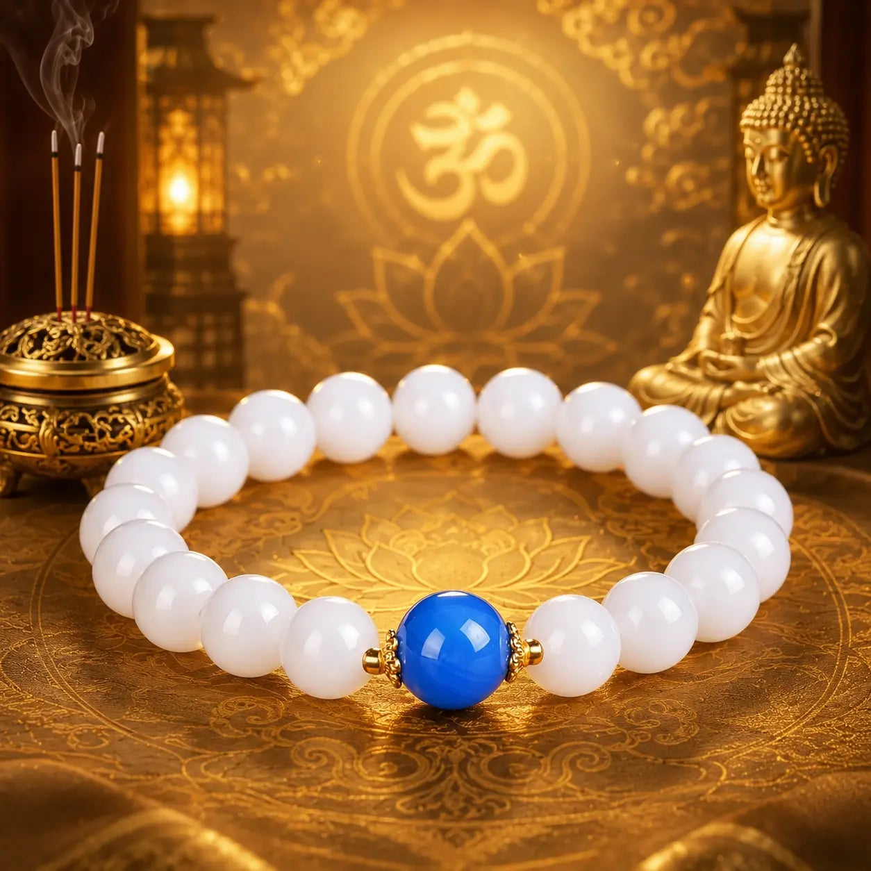 Ethnic Eastern-Inspired Natural Stone Bracelet - Polished White with Blue Accent, Unisex Inspirational Wellness Jewelry for Meditation, Calming Energy of Water Element, Costume Fashion Accessory