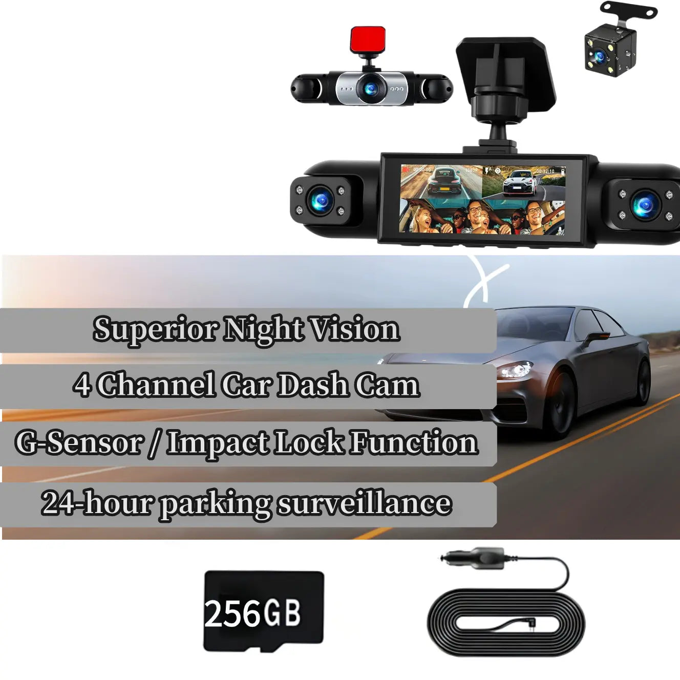 LASATE Car Dash Cam, 1080P Car DVR with Memory Card，3.16 Inch, Plug and Play（No Battery），Car Video Surveillance with Night Vision， Car DVR Hd Screen Front Rear Left and Right Dashcam，Holiday Gift(Not Wireless) Requires Charging to Use