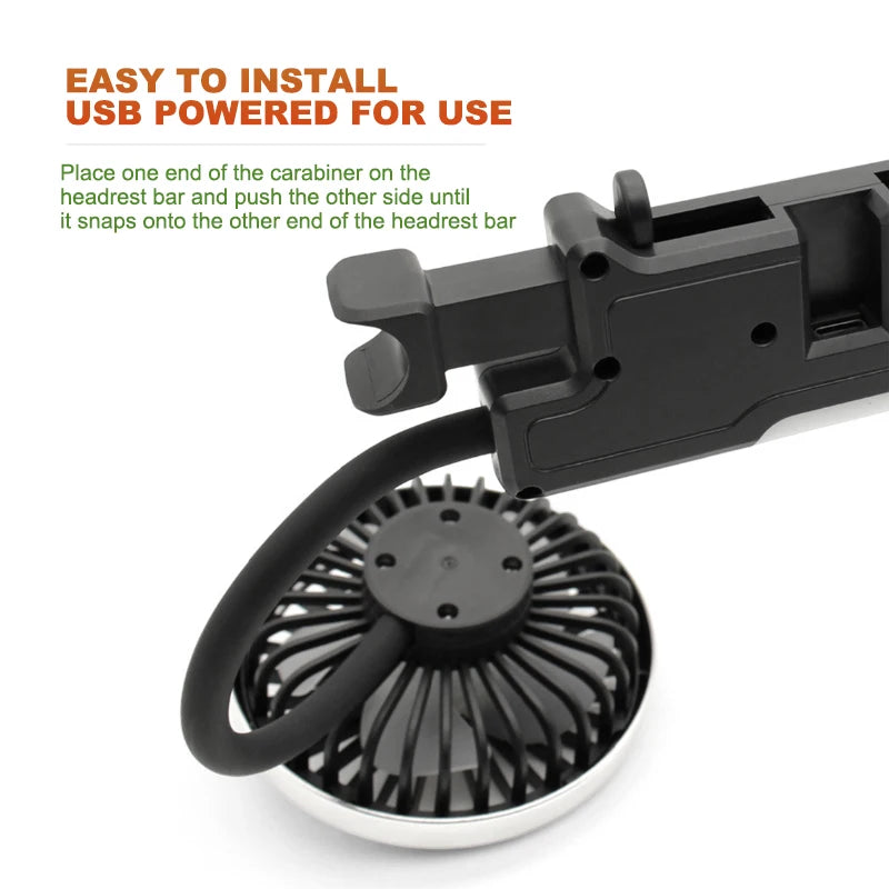 Car USB Fan Dual Head Cooling Air Fan Independent Switch 3-Speed 360 Degree Adjustable Auto Headrest Fan for Rear Seat