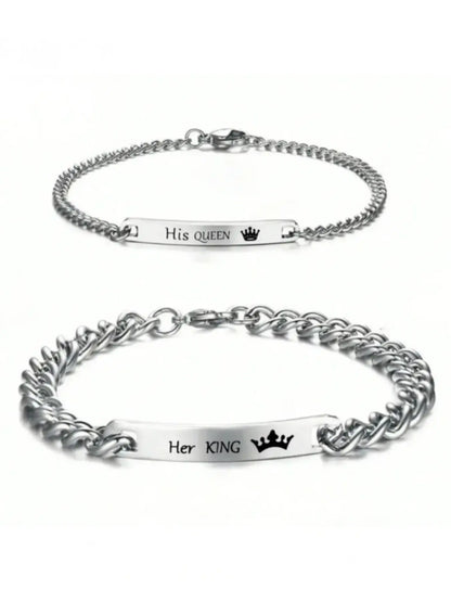 His Queen Her King Couple Necklace Bracelet Set, Couples Jewelry, Jewelry Sets, Unique Design, Durable Stainless Steel Romantic Gift, Perfect for Boyfriend Girlfriend, Valentine'S Day Christmas, Matching Necklaces, All Season Wear
