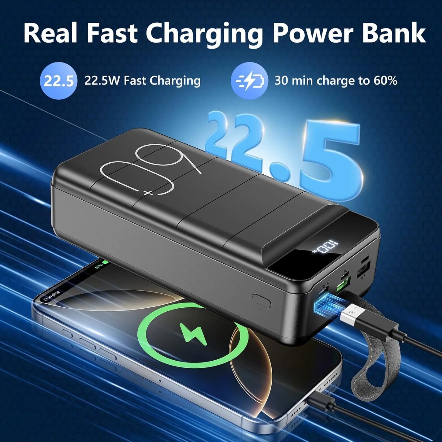 Power Bank 60000Mah 22.5W Fast Charging Portable Charger with Flashlight, 4 Outputs & 3 Inputs LED Display Huge Capacity External Battery Pack for Most Electronic Devices on the Market