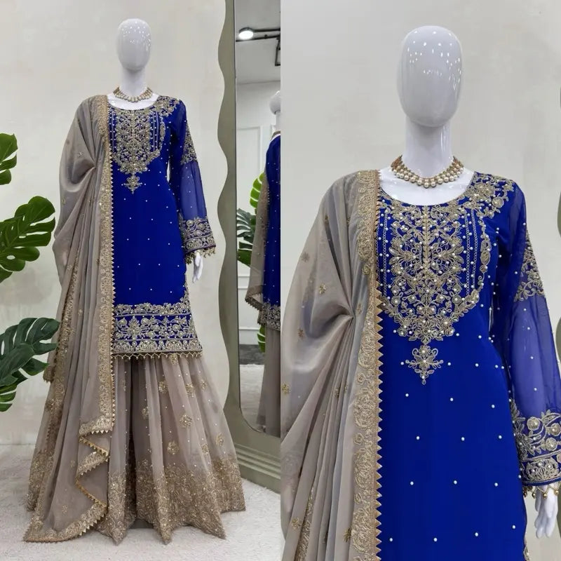 Women Faux Georgette Sharara Indian Suit Party Wear Wedding Set