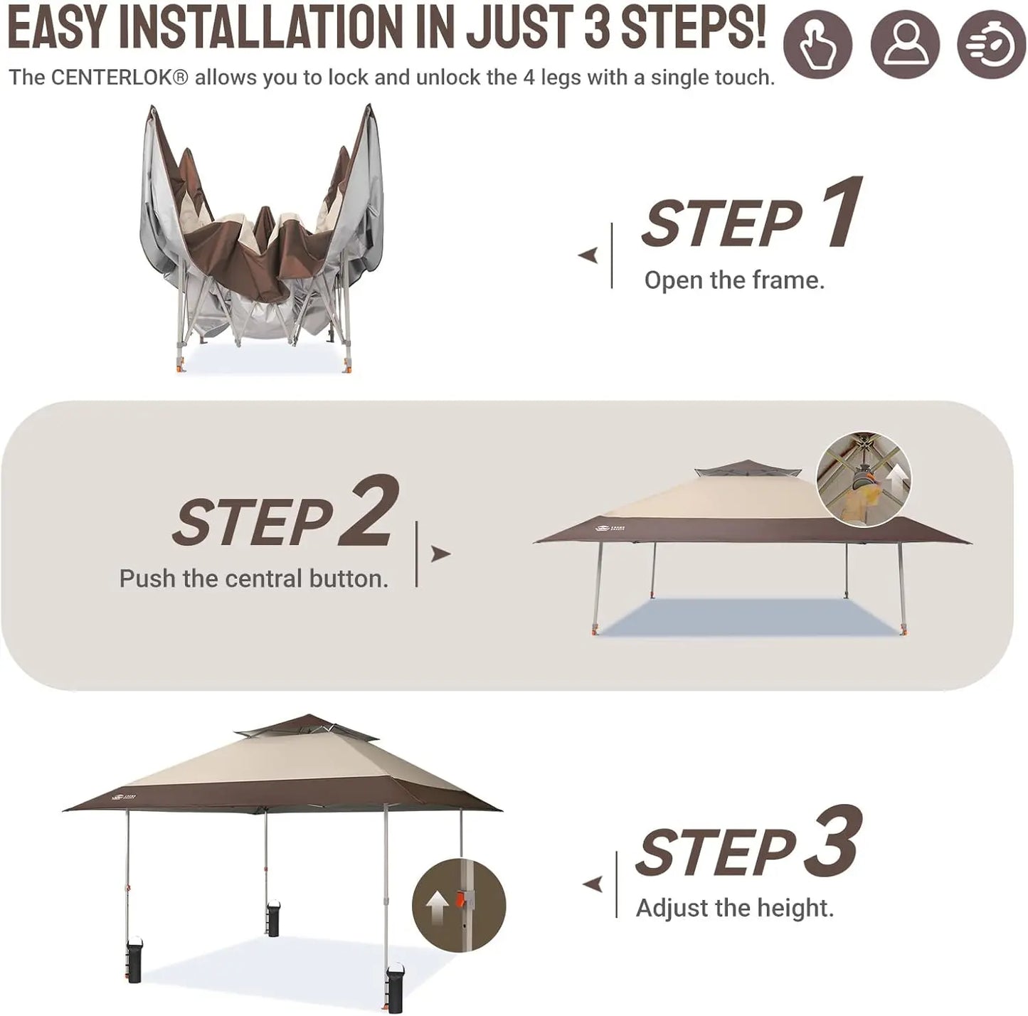 CROWN SHADES 13X13 Pop up Canopy, Outdoor Canopy Tent, Gazebo for Backyard & Patio Furniture, Foldable Sun Shade, Beige&Coffee