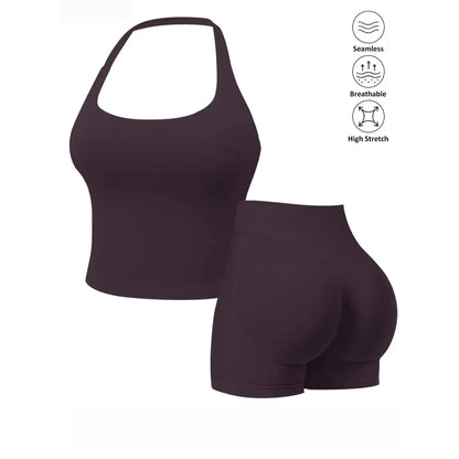 Seamless 2 Piece Workout Athleisure Sets for Women, Halter Built-In Bra Tank Top & Scrunch Booty Shorts, Breathable Quick Dry Activewear for Yoga Gym Running Summer Free Shipping